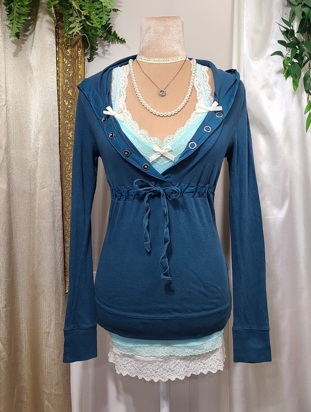♡ Y2K ♡ Aeropostale Teal Hooded Waist Tie Babydoll Snap Button Front Henley
